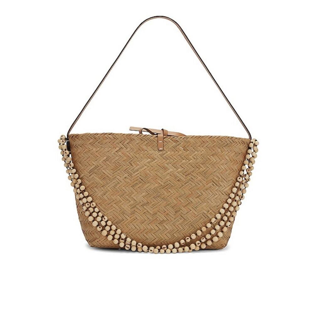 Ballen Paz Basket Bag Tan Woven Straw Leather Beaded Strap Beach Resort Boho